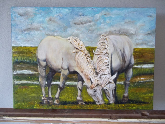 yunta de caballos blancos Oil Canvas Animals