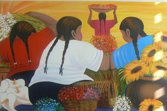 Mujeres vendiendo flores Óleo Lienzo Otros