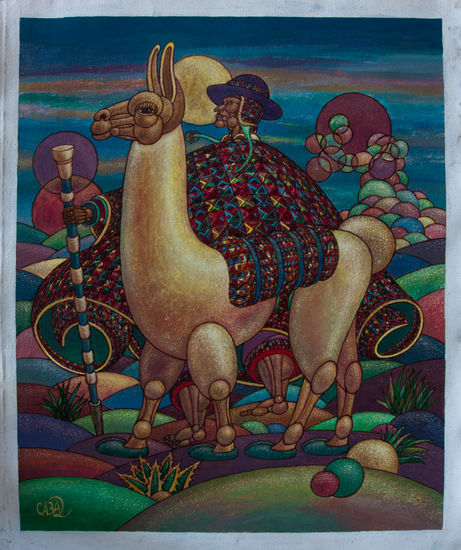 indigena con su llama Oil Canvas Others