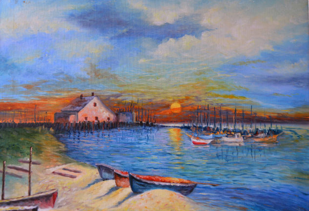 atardecer por el mar Oil Textile Marine Painting