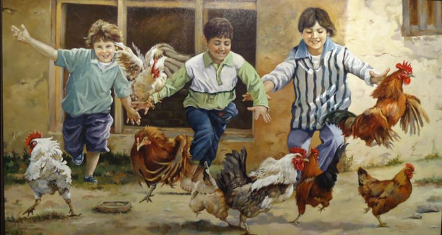 Fiesta en el Gallinero Óleo Lienzo Figura