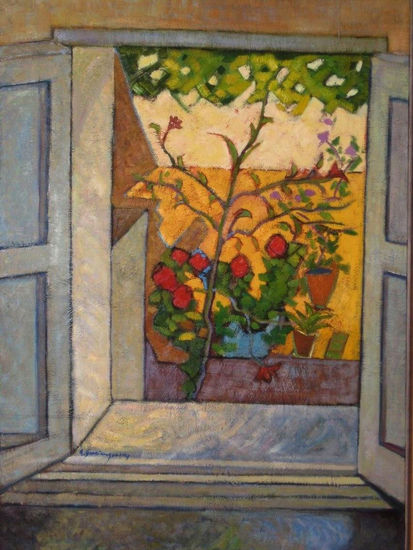 Ventana con Flores Óleo Tela Paisaje