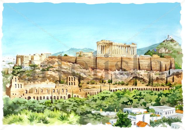 Acropolis Acuarela Papel Paisaje