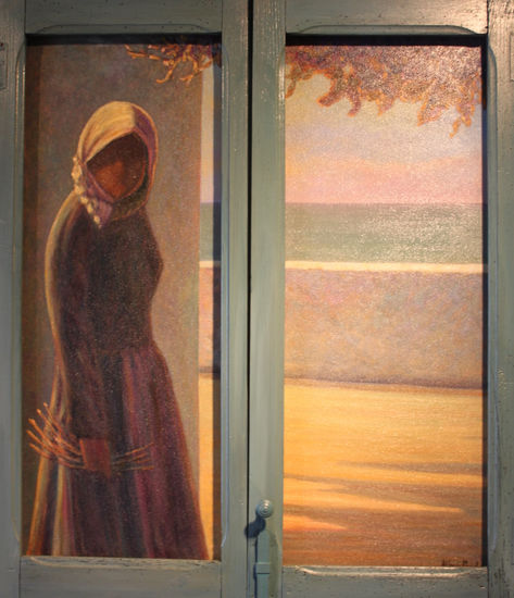 Viuda en la ventana Oil Panel Figure Painting