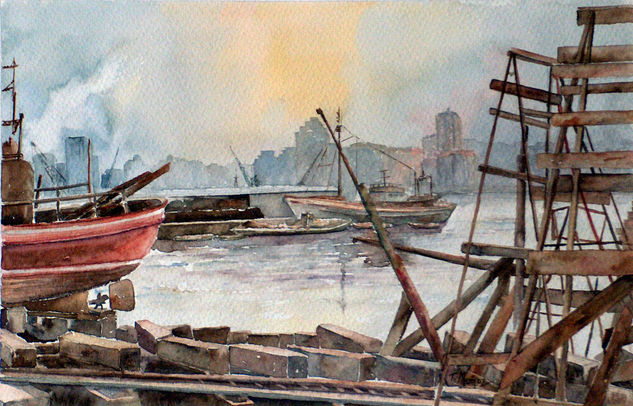 Puerto de la Coruña Watercolour Paper Marine Painting