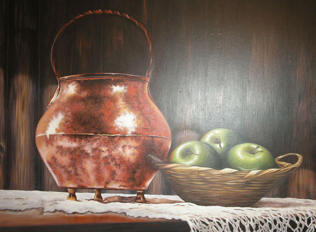 "Cántaro de cobre y manzanas verdes"