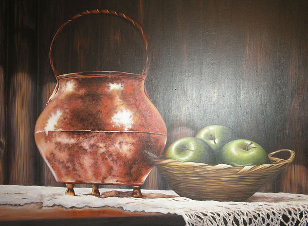 "Cántaro de cobre y manzanas verdes" Acrylic Canvas Still Life Paintings