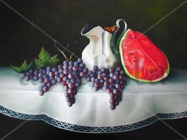 Sandía, uvas y jarra Oil Canvas Still Life Paintings