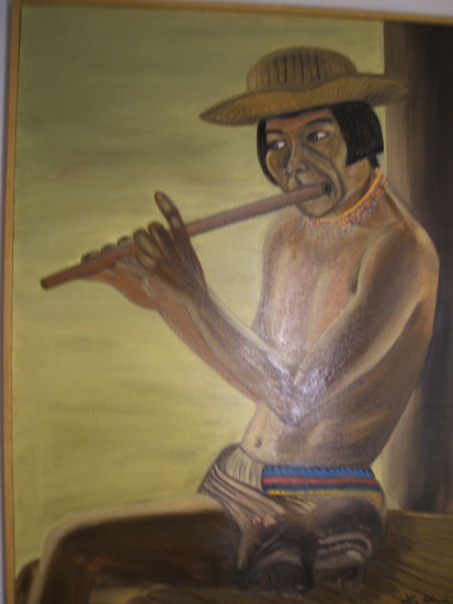 "EL INDIO TOCANDO FLAUTA". Óleo Lienzo Figura