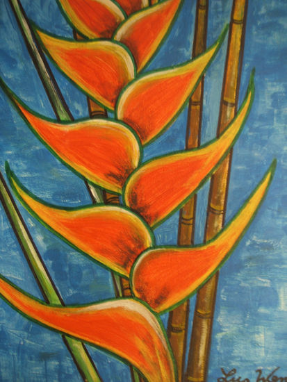 "HELICONIA NARANJA CON FONDO AZUL". Óleo Lienzo Floral