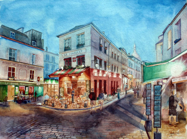 Atardecer en Montmartre Acuarela Papel Paisaje