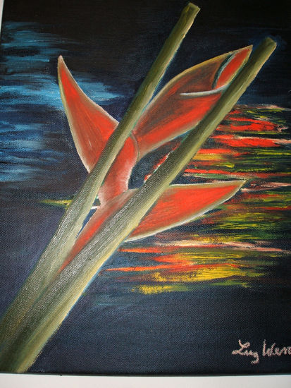 "HELICONIA ROJA EN LA NOCHE" Oil Canvas Floral Painting