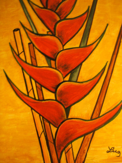 "HELICONIA  ROJA EN FONDO AMARILLO" Gouache Canvas Floral Painting