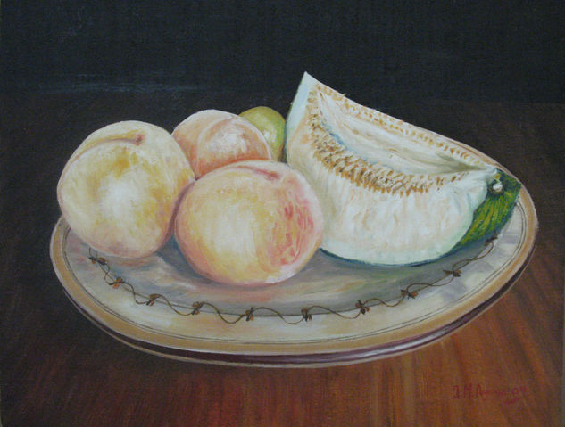 Melon y melocotones Oil Panel Still Life Paintings