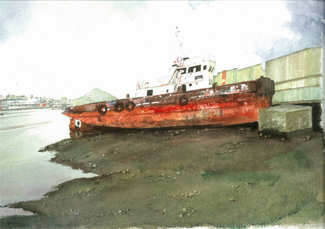 BARCO VARADO EN LA RÍA DE BILBAO Watercolour Paper Marine Painting