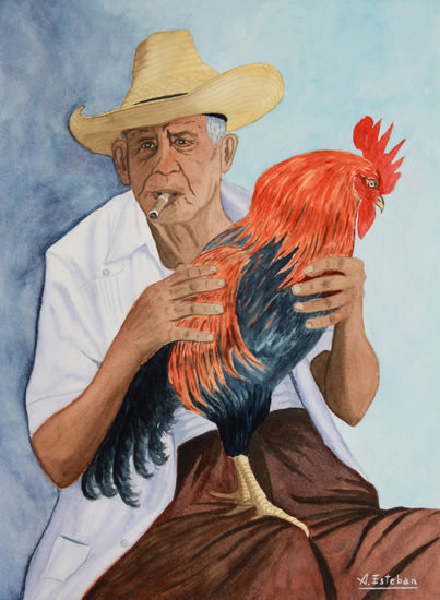 Abuelo con gallo Acuarela Papel Retrato