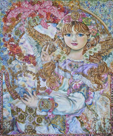 Yumi Sugai.The angel of the pink Christmas rose. Oil Canvas Figure Painting