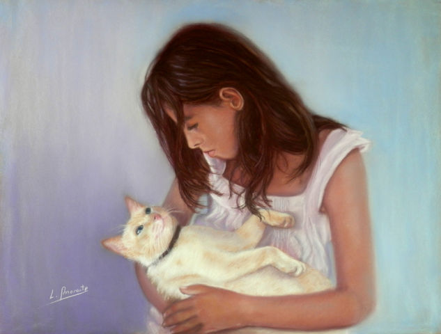 Niña con gato Pastel Paper Portrait