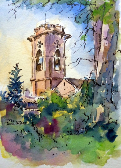 "Matadepera. Campanario de la Iglesia de San Juan" Mixed media Paper Landscaping