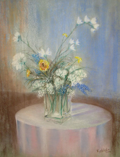 mesa y flores blancas Pastel Paper Floral Painting