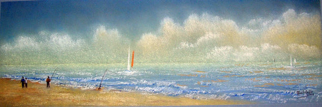 pescando en la playao Pastel Card Marine Painting