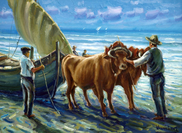 Faenando en la playa Oil Canvas Marine Painting