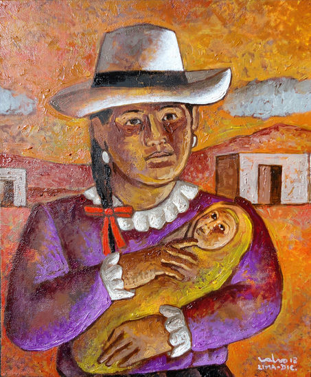 Navidad en los Andes, "Cajamarquina" Oil Panel Figure Painting