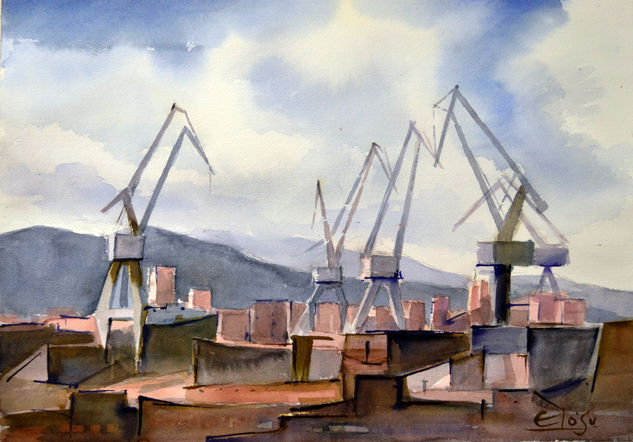 Gruas en La Naval Watercolour Paper Landscaping