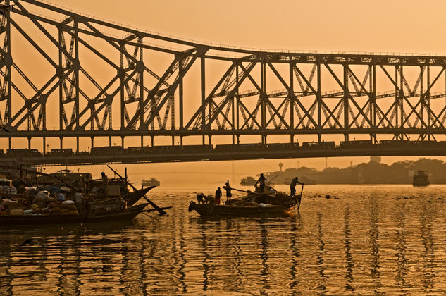 Kolkata - Hooghly River and Howrah Bridge in Evening  Light Travel Color (Digital)