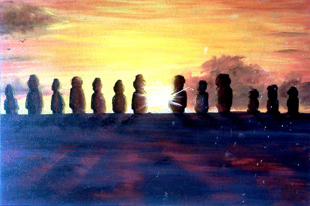 Atardecer en Isla de Pascua Mixed media Panel Portrait