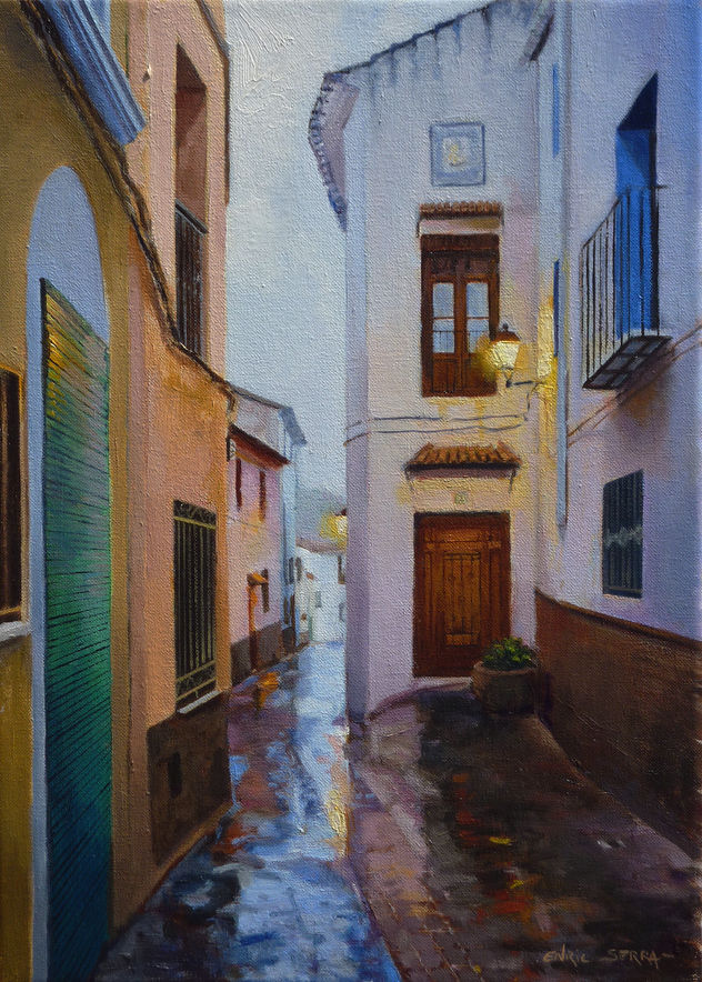 Carrer de les Monges, cap al vespre. Efecte pluja