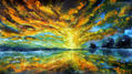 palette knife painting: Magic sunrise over the lake