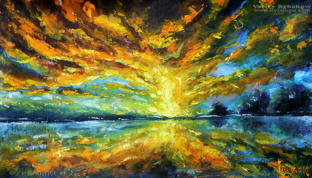 palette knife painting: Magic sunrise over the lake Óleo Lienzo Marina