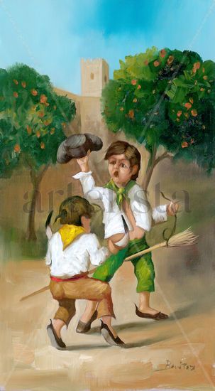 NIÑOS TOREANDO Óleo Tabla Figura