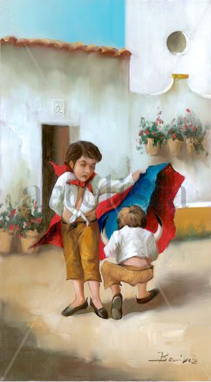 NIÑOS TOREROS EN PATIO ANDALUZ Oil Panel Figure Painting