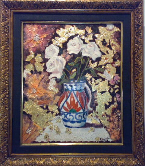 ramo de rosas blancas con pan de oro colage,y oleo, jarrom de colores  kimetade Oil Canvas Floral Painting