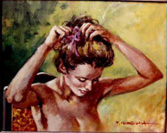 arreglandose el pelo Oil Panel Figure Painting