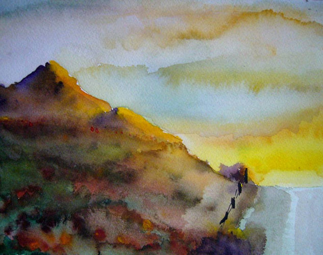 Carretera al atardecer Acuarela Papel Paisaje