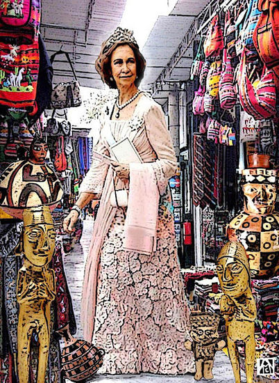 - Retrato de Su majestad la Reina Doña Sofía de España visitando el Inka Market de Miraflores 