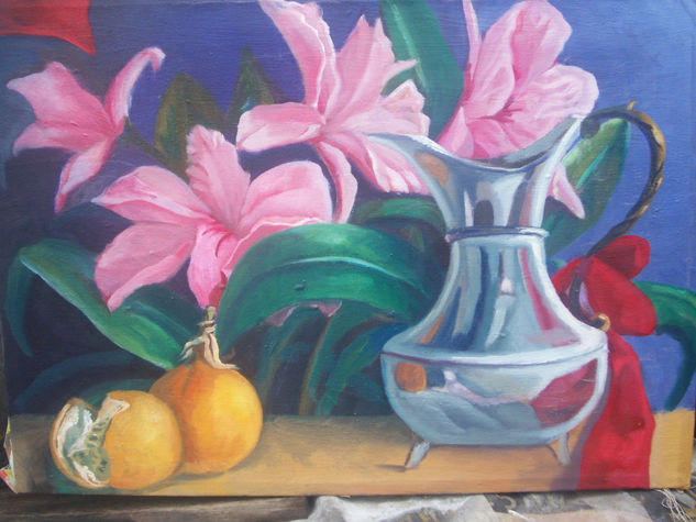 jarra y cinta roja Oil Canvas Still Life Paintings