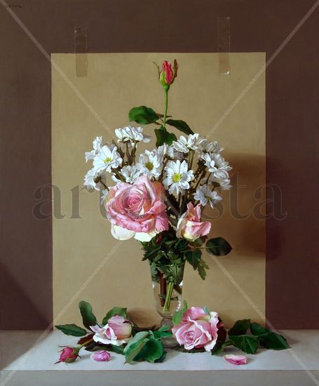 " Rosas y margaritas" Óleo Tabla Floral