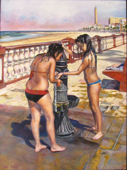 Niñas en la fuente Oil Canvas Sports