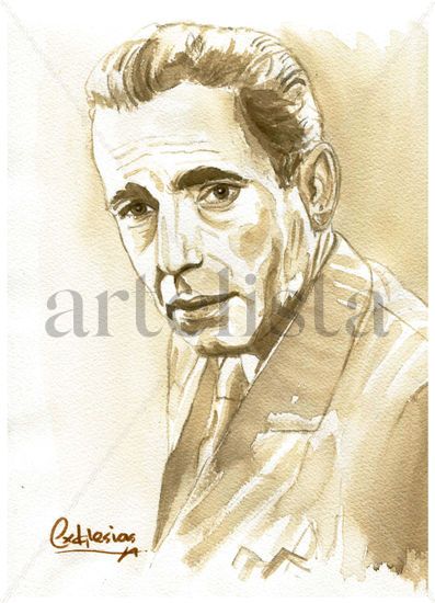 Retrato Humphrey Bogart Acuarela Papel Retrato