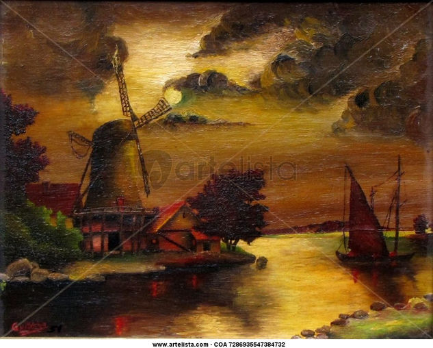 Noche de Holanda Óleo Tabla Paisaje