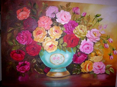 VASO COM ROSAS COLORIDAS Oil Textile Floral Painting