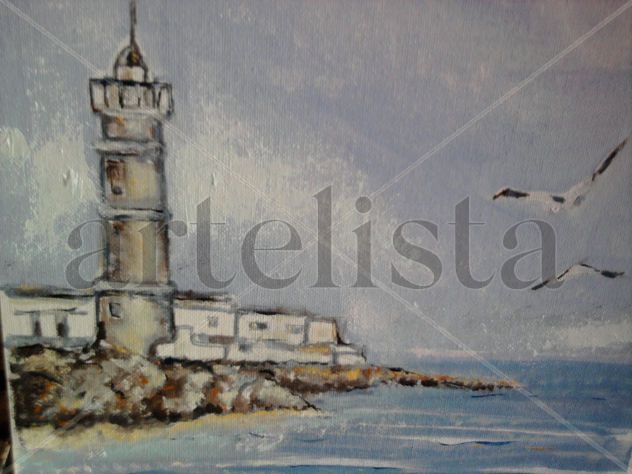 oleo de faro con gaviotas