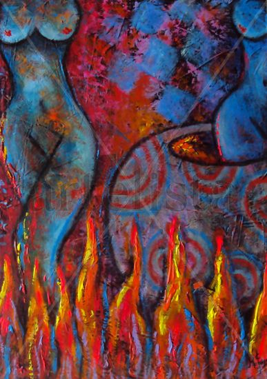 Bonfire Silhouettes. Mixed media Textile Figure Painting