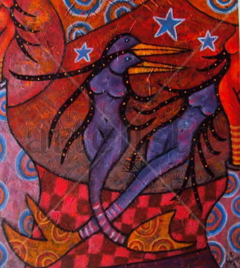 Encounter with the colibri woman Mixed media Textile Figure Painting