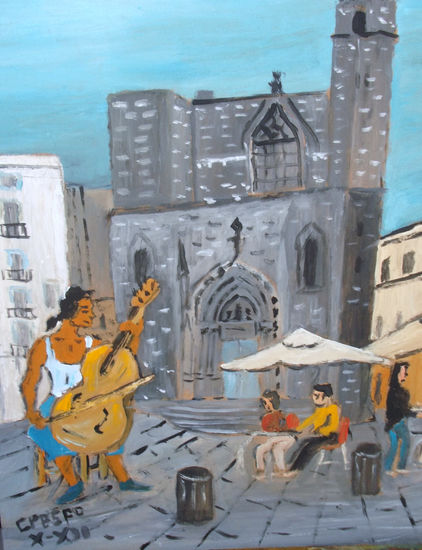 Barcelona Músico en Sant Just de Crespo Oil Panel Figure Painting