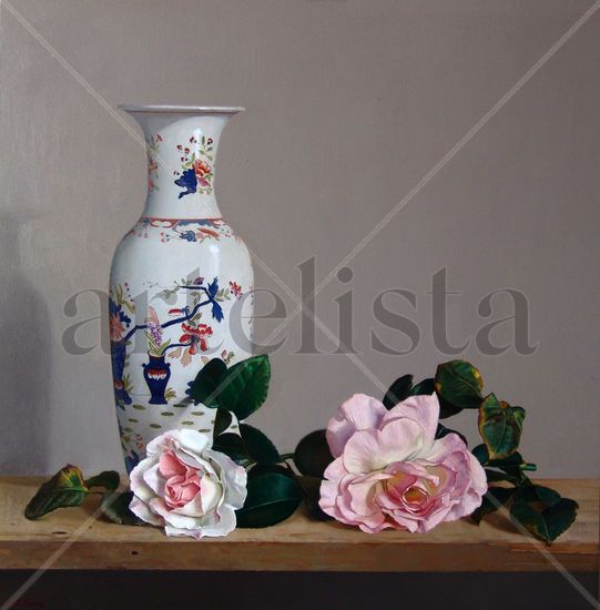 ROSAS Y JARRÓN Oil Panel Floral Painting